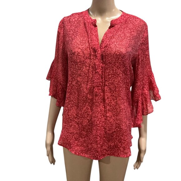 Vince Camuto Women's Pintuck Flutter Sleeve Floral Pattern Voile Blouse Size Sm - Picture 2 of 16